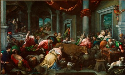 Oczyszczenie Świątyni lub „Chrystus goniący kupców ze Świątyni”” Obraz Jacopo Da Ponte dit Jacopo Bassano (1517 ok.-1592) Ndz. 160x265 cm Londyn, Galeria Narodowa autorstwa Jacopo Bassano
