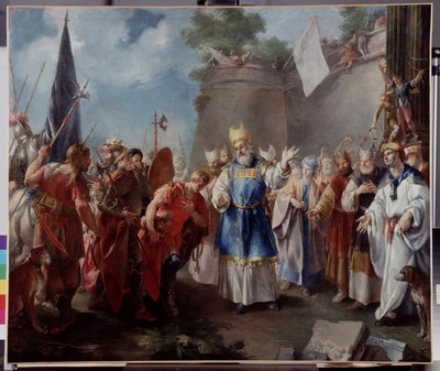 Cesarz Aleksander składa hołd arcykapłanowi Jaddusowi. Obraz przypisywany Jacopo Amigoniemu (lub Giacomo Amiconi autorstwa Jacopo Amigoni