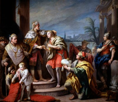 Józef przed faraonem - Obraz Giacomo Amiconi (1675-1752), ok. 1749 - Olej na płótnie, 283x325 - Museo del Prado, Madryt autorstwa Jacopo Amigoni