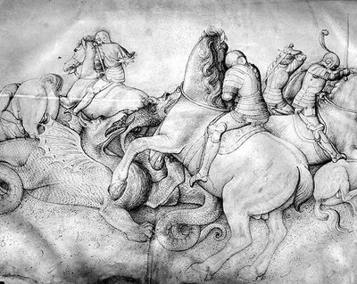 Walka ze smokami, ok. 1450 (atrament na welinie) autorstwa Jacopo Bellini