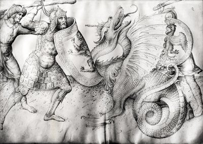 د جنګیالیو او ډریګون تر منځ جګړه، c.1450 (په ویلم کې رنګ) پولی autorstwa Jacopo Bellini