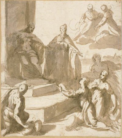 Studia dla Wenecji odbiera hołd i prezenty od Brescii, Udine, Padwy i Werony, z prezentacją Doge Francesco Venier autorstwa Jacopo Palma il Giovane