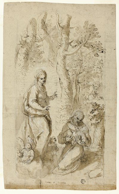 Wizja św. Franciszka z Asyżu (recto); Święty Hieronim, Wizja św. Franciszka i dwa małe szkice św. Franciszka trzymającego Dzieciątko Jezus (verso) autorstwa Jacopo Palma il Giovane