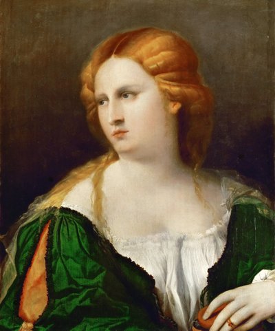 Młoda kobieta w zielonej sukience, w ręku pudełko, ok. 1514 autorstwa Jacopo Palma il Vecchio the Elder