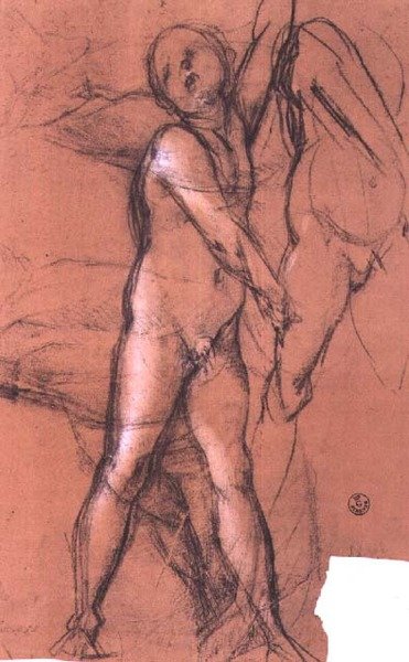 Studium anioła trzymającego zasłonę dla „Święta Rodzina ze Świętymi” (ołtarz Pucci), ok. 1518 (węgiel) autorstwa Jacopo Pontormo