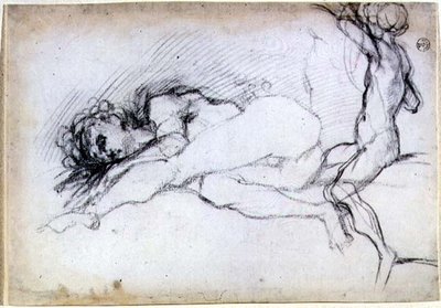 Studium postaci siedzących i leżących do lunety w salonie w Willi Medyceuszy w Poggio a Caiano (kreda) autorstwa Jacopo Pontormo