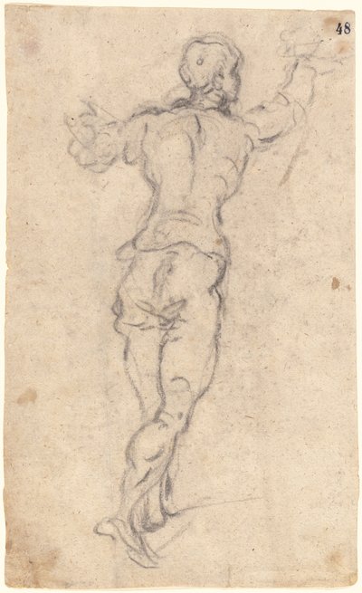 Kroczący młodzieniec z podniesionymi rękami, widziany z tyłu, ok. 1579 (węgiel na papierze owsianym) autorstwa Jacopo Robusti Tintoretto