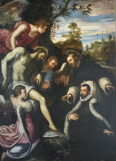 Martwy Chrystus podtrzymywany przez trzy anioły, św. Dominika i darczyńcę autorstwa Jacopo Robusti Tintoretto
