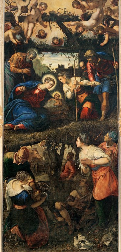 Narodzenie i adoracja pasterzy (obraz na płótnie) autorstwa Jacopo Robusti Tintoretto