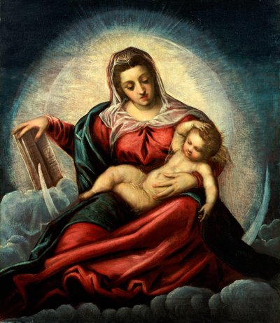 Madonna z Dzieciątkiem w mandorli na półksiężycu i chmurach, z księgą mądrości autorstwa Jacopo Robusti Tintoretto