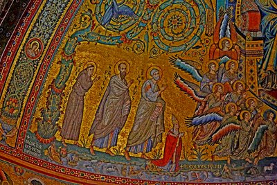 Św. Franciszek, Św. Paweł, Św. Piotr, Papież Mikołaj IV i aniołowie na koronacji Matki Boskiej, absyda, ok. 1290 mozaika autorstwa Jacopo Torriti