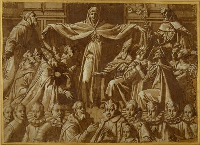 Madonna della Misericordia ze św. Franciszek i Dominik, z innymi świętymi i władcami oraz rodziną darczyńców (pióro i brązowy tusz z plamą i białym kolorem ciała na papierze) autorstwa Jacopo Zucchi