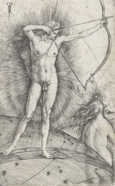 Apollo z łukiem i strzałą na kuli ziemskiej i Diana z jeleniem, 1503-5 autorstwa Jacopo de Barbari