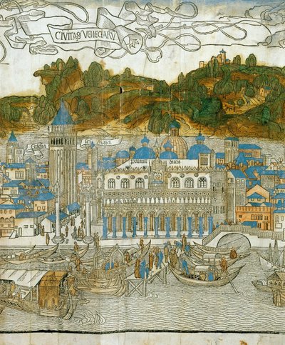 Wenecja i stara kampanila przed zniszczeniem przez trzęsienie ziemi, z Pregrinatio in Terram Sanctam, wydrukowanego po raz pierwszy w 1486 r. ... (drzeworyt) autorstwa Jacopo de