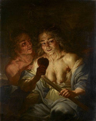 Stara kobieta trzymająca serce: Zazdrość, ok. 1642 (olej na miedzi) autorstwa Jacque de l Ange