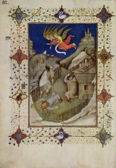 MS 11060-11061 Godziny Notre Dame: Tierce, Anioły ukazujące się pasterzom, z „Tres Riches Heures du Duc de Berry” autorstwa Jacquemart de Hesdin