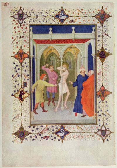 MS 11060-11061 Godziny krzyża: Tierce, Biczowanie Chrystusa, z „Tres Riches Heures du Duc de Berry” autorstwa Jacquemart de Hesdin