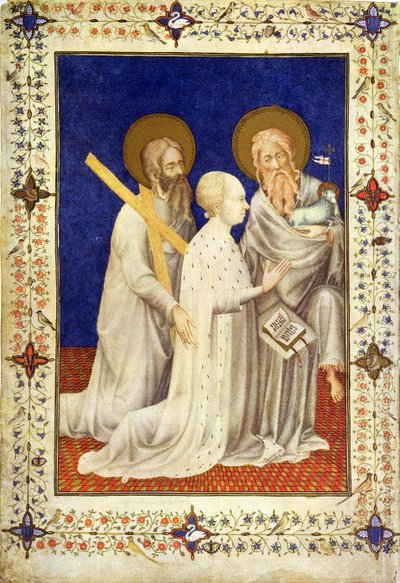 MS 11060-11061 Jan, książę de Berry na kolanach między św. Andrzejem i św. Janem, francuski, z „Tres Riches Heures du Duc de Berry” autorstwa Jacquemart de Hesdin