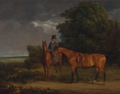 Pan młody dosiadający kasztana myśliwego, trzyma za wodze myśliwego z zatoki autorstwa Jacques-Laurent Agasse