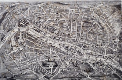 Mapa Paryża w reliefie i ptasia mucha z otoczeniem i fortyfikacjami. Grawiura Jacques Alphonse Testard (1810-?) XIX-wieczny Paryż, Musee Carnavalet autorstwa Jacques Alphonse (after) Testard