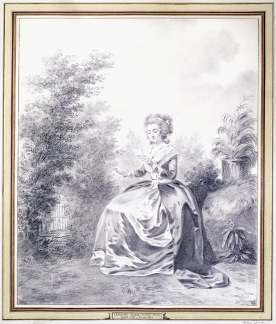 Portret Elisabeth Louise Vigee-Lebrun czytającej list siedzącej w ogrodzie (czarna kreda) autorstwa Jacques Antoine Marie Lemoine