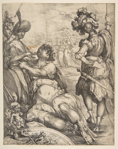 Figurki wojskowe poza miastem, 1595-1616. autorstwa Jacques Bellange