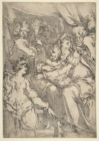 Święta Rodzina ze św. Katarzyną, św. Janem Ewangelistą i Aniołem, 1612-16. autorstwa Jacques Bellange