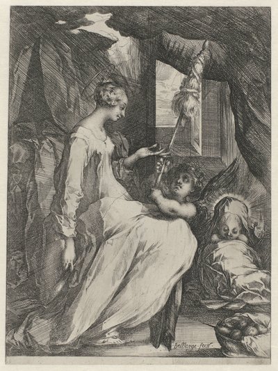 Najświętsza Maryja Panna Przędąca z Dzieciątkiem Jezus i Aniołem Maryja z dzieckiem i aniołkiem trzymającym kądziel autorstwa Jacques Bellange
