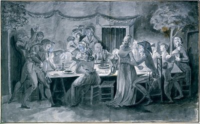 Obiad weselny podczas rewolucji Rysunek Jacquesa Bertaux (1745-1818) Paryż. autorstwa Jacques Bertaux