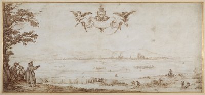 Widok Toul po drugiej stronie równiny, krajobraz z postaciami, niebo z ramionami porcelany (pióro i brązowy tusz na welinie) autorstwa Jacques Callot