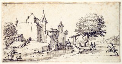 Zamek z mostem zwodzonym (pióro i brązowy tusz na papierze) autorstwa Jacques Callot