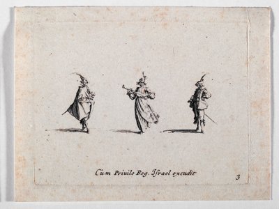 Dama muzykująca i dwóch kawalerzystów, z ... (rycina) autorstwa Jacques Callot