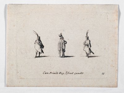 Dama w długim płaszczu i dwóch kawalerzystów, z ... (rycina) autorstwa Jacques Callot