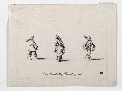 Dama w kapeluszu z pióropuszem i dwóch kawalerzystów z ... (rycina) autorstwa Jacques Callot