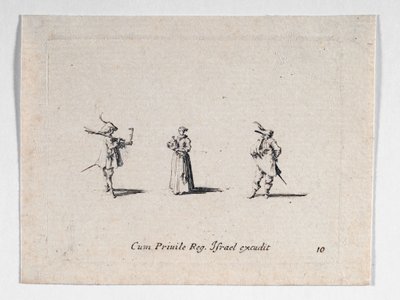 Dama z butelką wina i dwoma kawalerzystami, z ... (rycina) autorstwa Jacques Callot