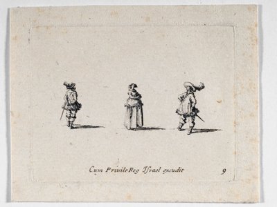 Dama ze złożonymi rękami i dwóch kawalerzystów z ... (rycina) autorstwa Jacques Callot