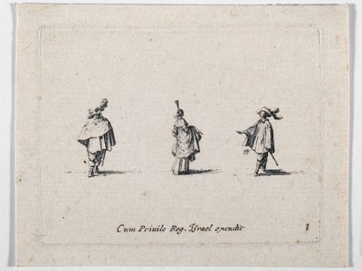 Dama w rozkloszowanej spódnicy i dwóch kawalerzystów, z Les Fantaisies de Noble J. Callot ... (rycina) autorstwa Jacques Callot