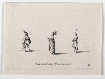 Dama w kapeluszu z pióropuszem i dwóch kawalerzystów z ... (rycina) autorstwa Jacques Callot