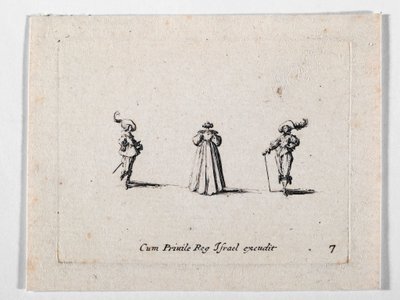 Dama w bogato plisowanej sukni, widziana od tyłu, i dwóch kawalerzystów, z Les Fantaisies de Noble J. Callot ... (rycina) autorstwa Jacques Callot