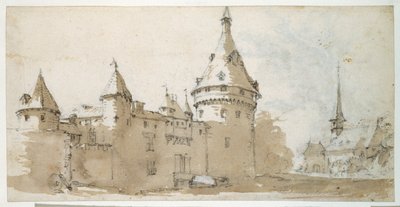 Zamek z wieżyczkami i kościół (brązowo-szare polewanie na czarnej kredzie na papierze) autorstwa Jacques Callot