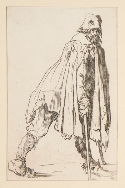 Żebrak w czapce, o kulach, od The Beggars. autorstwa Jacques Callot