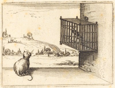 Kot obserwujący ptaka w klatce, 1628. autorstwa Jacques Callot
