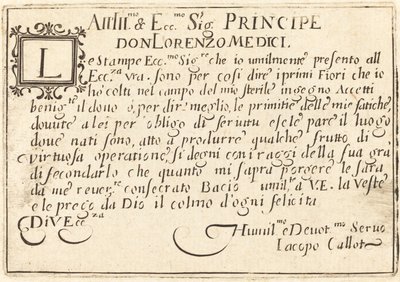 Dedykacja Ks. Wawrzyńcowi Medyceuszowi, ca. 1622. autorstwa Jacques Callot