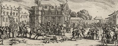Zniszczenie klasztoru, 1633 (akwaforta na papierze wykładanym) autorstwa Jacques Callot