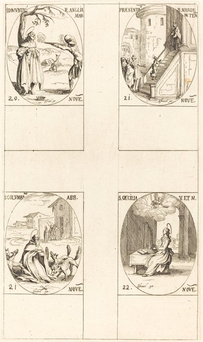 Edmund, król Anglii, męczennik, Ofiarowanie Dziewicy, św. Kolumba, św. Cecil. autorstwa Jacques Callot