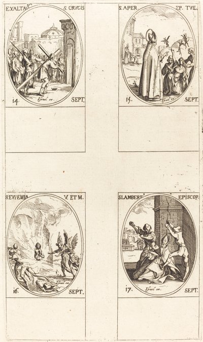 Podwyższenie Krzyża Świętego; św. Aper; św. Eufemia; Św. Lambert autorstwa Jacques Callot