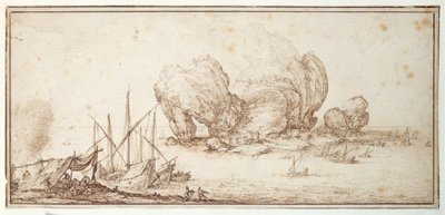 Fantastyczne skały, ufortyfikowane. Wysyłka. Mariners biwakują na widok swojego statku (Le Grand Rocher) (pióro i atrament na papierze) autorstwa Jacques Callot