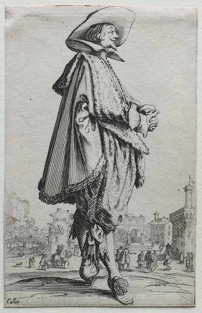 Dżentelmen stojący w profilu ze splecionymi rękami. autorstwa Jacques Callot