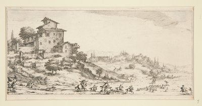La chasse au cerf (Polowanie na jelenie w pobliżu dworu), z Pejzaży dla Giovanniego de Medici autorstwa Jacques Callot