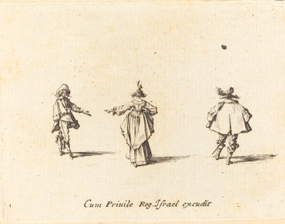Dama z wyciągniętą ręką, widziana z tyłu i dwóch dżentelmenów autorstwa Jacques Callot